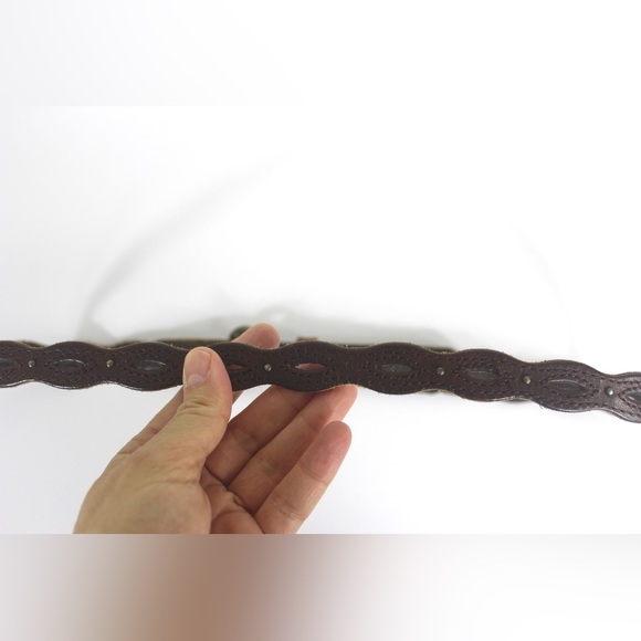 Vintage Skinny Worn in Dark Brown Leather Belt with Tiny Studs and Cutouts - Picture 4 of 8